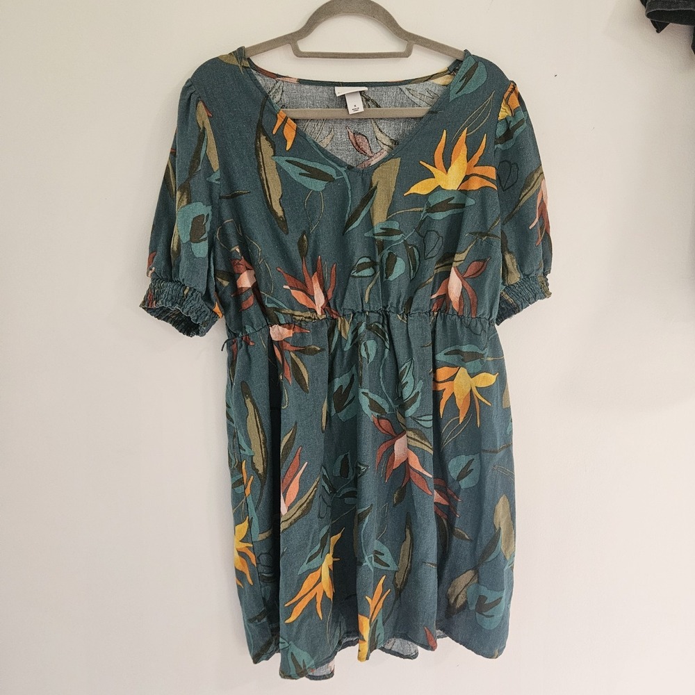 Ava & Viv Plus X Green Tropical Bird Of Paradise Linen Blend Dress Short Slv‎ 1X